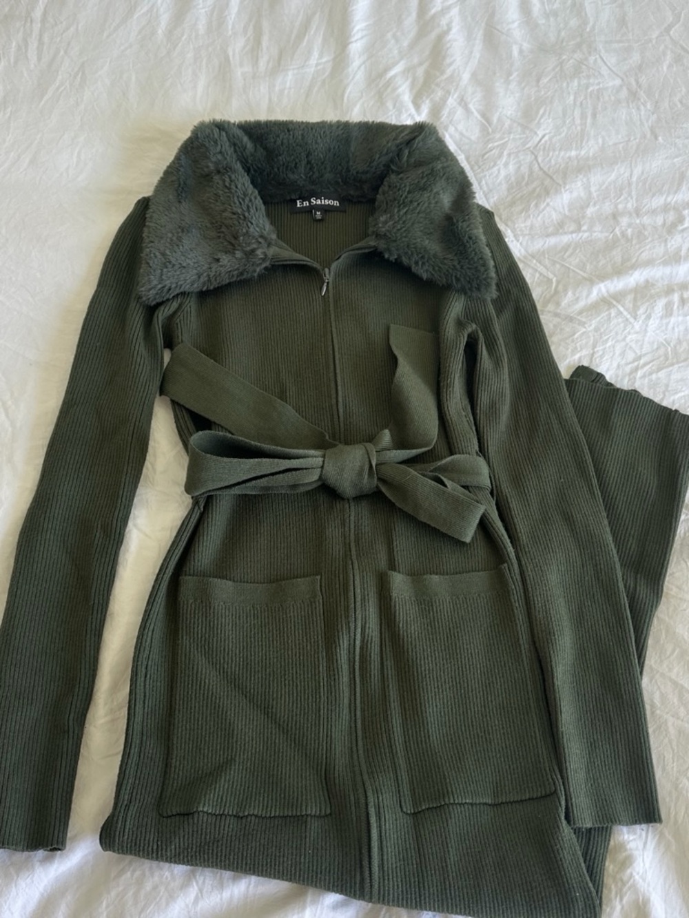 En Saison Olive Green Faux-Fur Collar Knit Dress